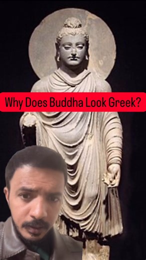 The Brofessor on Instagram: "Buddha didn’t always look like this. Before this statue existed… Buddha was never shown in human form. No face. No body. Only symbols — a footprint, a wheel, a tree. Then something extraordinary happened. After Alexander the Great reached Asia, Greek artists stayed behind. Centuries later, in Gandhara (modern Pakistan–Afghanistan), these artists met Buddhist monks. What followed was history’s first cultural fusion. Greek realism gave Buddha curly hair, flowing robes,