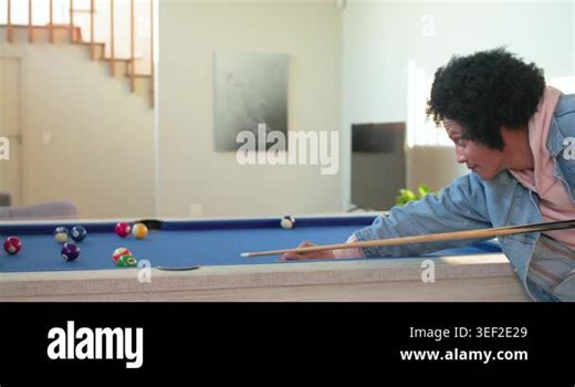 Man breaking rack, cue scattering balls, inspecting pool table for next shot at home, copy space. Billiards, recreation, leisure, modern, entertainment, strategy, casual Stock Video Footage - Alamy