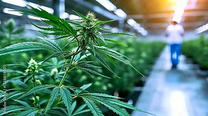 A rich blue cannabis plant with stunning, vibrant flowers and leaves, captured in a close-up view with details of the plant’s structure showcased against the backdrop of an indoor
