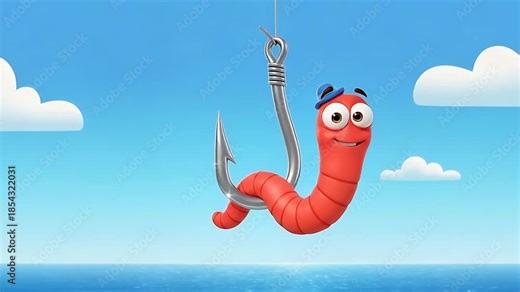 cartoon worm on fishing hook over ocean | playful sea scene