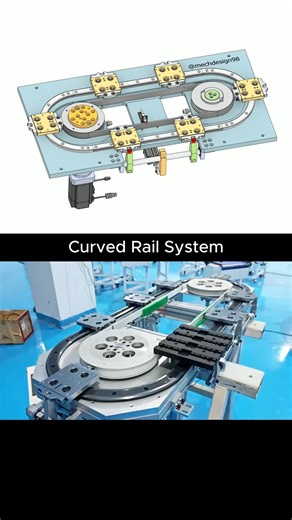 Mechdesign98 on Instagram: "Curved Rail System ⚙ #engineering #machine #mechanism #3dprinting #technology #3ddesign #mechanic #mechanical #cad #automation This video demonstrates a Curved Rail System commonly used in automated machines to transfer workpieces smoothly between multiple stations. The circulating rail layout allows loading, inspection, and assembly to happen simultaneously, instead of sequentially. By keeping workpieces moving in a closed loop, this system significantly improves cyc