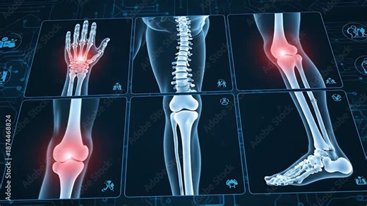 Digital medical imaging illustrates human skeletal system and joints, highlighting pain or inflammation; vital for advanced diagnosis and orthopedic health assessment
