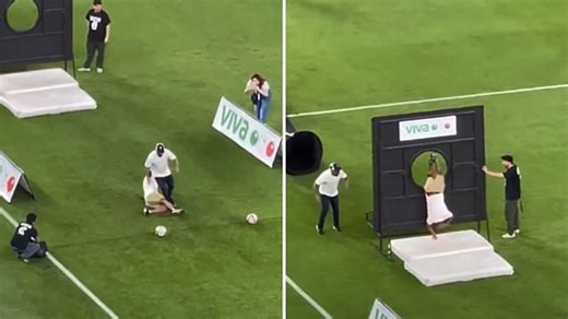 Is this the best halftime challenge EVER? Brilliant clip shows two fans battling it out at Mexican soccer game - with hilarious consequences