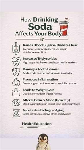 Soda may seem harmless, but regular consumption can silently impact your health. High sugar and acidic content in soda can raise blood sugar levels, increase diabetes and heart disease risk, weaken tooth enamel, promote inflammation, and contribute to weight gain. Over time, frequent soda intake may also affect energy levels, mood, and accelerate biological aging. Choosing water or low-sugar alternatives can support better long-term health. | Penguin Wellness