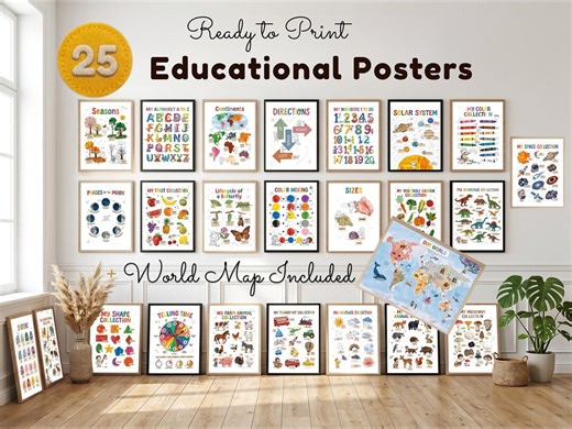 25 Kids Educational Posters Bundle | Printable Homeschool Wall Art | Classroom Learning Decor | Educational World Map | Digital Download - Etsy