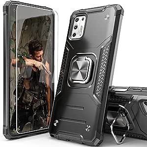 Moto G Stylus 2021 Case with Tempered Glass Screen Protector, Hybrid Drop Test Cover with Card Mount Kickstand Slim Fit Protective Phone Cover for Moto G Stylus 2021, Black