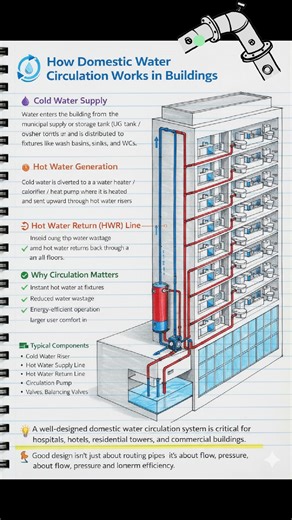 *Domestic Water Circulation in Buildings* - *Definition*: Domestic water circulation refers to the circulation of hot water in a building's plumbing system to provide instant hot water at fixtures and appliances. - *How it works*: - *Hot water generation*: Water is heated in a boiler or water heater. - *Distribution*: Hot water is distributed through pipes to various fixtures and appliances in the building. - *Circulation loop*: A circulation loop is created by connecting the hot water pipes bac