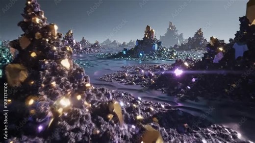 Surreal landscape of a crystalline world with gold and jewel-like structures under a dim, starry sky