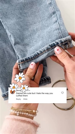 The daises are innocent. The cuffs? On trial👖🌼 Comment “DAISY ROW” for the daisy embroidery pattern and paper I used. You can decide for yourself if you’ll cuff them, or leave them 🥰 | Thread Unraveled