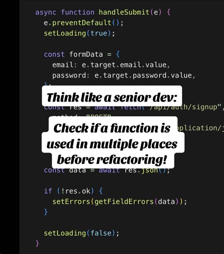 hey peeps! Here's the answer to Week 2's challenge on what the risk is of this refactor. When refactoring code it's important we check if that code is used elsewhere to avoid unintentionally breaking things. This is also the reason why we have tests, to ensure when we do break other areas of the site indirectly we are made aware! Comment your thoughts below 👾✨ #webdevelopment #code #softwaredeveloper #computerscience #learncoding