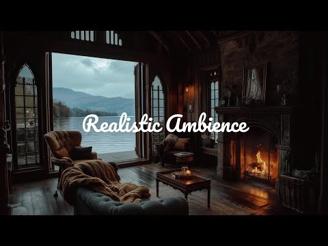 No Ads - Cozy Lakeside Fireplace🔥Peaceful Highland Ambience with Gentle Wind & Water Sounds (ASMR)