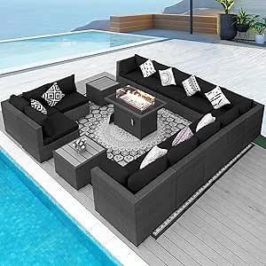 NICESOUL 15 Piece Outdoor Patio Furniture Set with Fire Pit, Extra Large Wide Outdoor Deep Seated Sectional, Cozy 29.3'' High-Back Modular Couch, 500 Lbs High Weight Capacity Wicker Sofa, Gray & Black