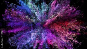 Cg animation of color powder explosion on black background. Cg, slow motion, alpha matte, 4k