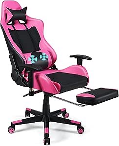 POWERSTONE Gaming Chair - Pink Gamer Chair with Footrest Racing Esports Computer Chair Massage Lumbar Support Leather Recliner