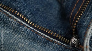 unbuttoned zipper on jeans. rotating the fabric of blue jeans in close-up details. the concept of tailoring. closure, denim texture, abstract background.