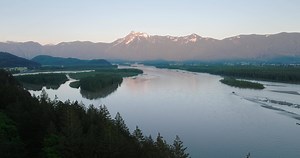 Aerial view of Fraser river valley and mountain landscape in British Columbia