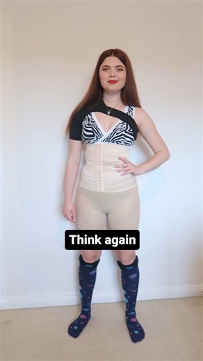 Think before you make assumptions! The vast majority of disabilities are invisible, it is impossible to tell what kind of day someone is having based on looks alone. But there are also a plethora of aids we could be using that you just might not be able to see. Like here I'm wearing this fabulous jumpsuit but underneath I have a shoulder support, back support, hip support shorts, knee supports and compression socks to give me the support I need. Just because I'm not using my stick doesn't mean I