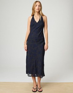Lace Halter Maxi Dress in Navy Black | Glassons