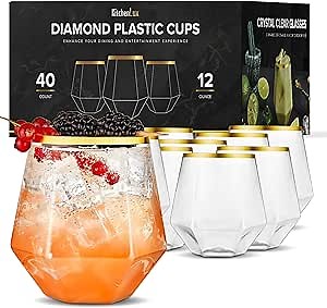 Kitchen Lux 40 Pack Diamond Plastic Wine Glasses Disposable, Gold Cups, Wine Cups, Cocktail Glasses, Plastic Glasses Drinking, Outdoor or Indoor Wine Glasses for Parties, 12 Ounce