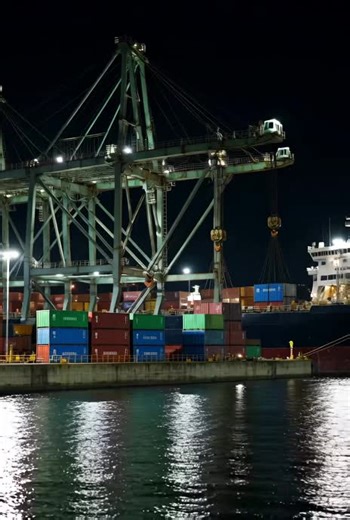 Night shift at port 🌙🚢 Giant cranes lifting containers! #NightWork #ShippingPort #HeavyMachinery #DockLife