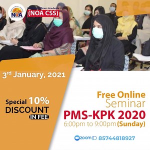 NOA|PMS-KP2020| Online Course *3rd January, 2021 ( Sunday )* National Officer Academy's offers *Free Online Seminar - PMS-KPK 2020 at 6:00pm to 9:00pm Special 10% Discount in FEE* live at ZOOM ID:85744818927 or click Zoom Link: https://us02web.zoom.us/j/85744818927 *NOA Secured 1st Position In PMS-KP2018-final Results- Tehreem Shah(Topper PMS KP 2018)* *Complete 3.5 Months Online Course covering Compulsory and Optional Subjects Including Mock Examination and Screening Test Preparation* Register 