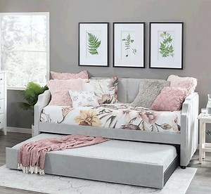 1.6K views · 42 reactions | Daybeds are perfect for small spaces and can also provide seating when you're not asleep. Our Zanna Upholstered Daybed has a sophisticated modern look and its handy trundle quickly gives an extra sleeping space when you're ready for comfortable dreams. https://bit.ly/3sclYCO | American Furniture Warehouse | Facebook