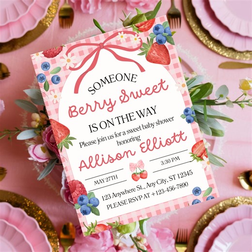 EDITABLE PRINTABLE Berry Sweet Baby Shower Invite Template, Berry Baby Shower Invitation, Digital Download, Strawberry Baby Shower Invite - Etsy