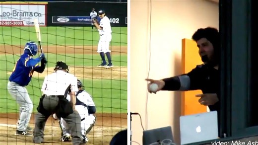 Baseball announcer catches foul ball while on call.