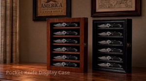 ASmileIndeep Pocket Knife Display Case, 6 Rows Knives Box Cabinet with HD Tempered Glass Military Folding Knife Stand with Removable 2 Grooves Shelves for Wall Mounted and Desk Display, Black