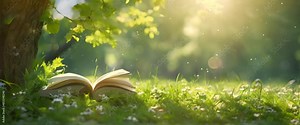 Summer reading under a tree border, relaxing summer sales banner, lush greens and book colors