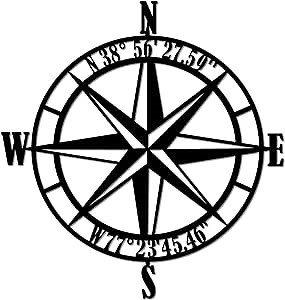 POEM Studio Personalized Nautical Compass Rose Metal Wall Sign - Custom Longitude and Latitude GPS Coordinates Metal Sign - Home Sign
