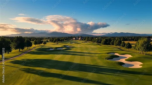 Aerial drone view of a lush green golf course at sunset, manicured fairways, sand traps, scattered trees, and distant mountains under a dramatic cloud formation