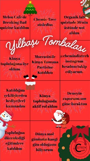 IZTECH CHEMISTRY SOCIETY on Instagram: "🎄✨ İYTE Kimya Topluluğu olarak yılbaşı ruhunu bingo ile yaşayalım! Hem eğlendik, hem güldük, hem de yeni yıla güzel enerjiyle hazırlandık. Karşınızda 2025 bingosuuu❤️ Galiba bunu hazırlayanlar raporu son güne bırakıyor gibi siz de öyle misiniz yoksa😩 Quizden 50 üstü almak da zor gerçekten ama… Siz kaç tane yaptınız yorumlara bekliyoruz🫢 2026 bize iyi davran lütfen! 💙🔬"