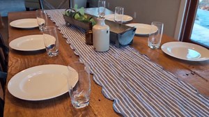 100% Natural Linen Rustic Scalloped Embroidery Table Runner 72 Inches Long, Linen Table Runner 14 x 72 Inch Ideal for Dresser and Dining Tables Decor, 4-6 Sets, Linen(Edges-Gold)