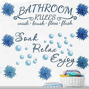 Zonon 2 Pieces Bathroom Wall Decals Sticker Soak Relax Enjoy Toilet Rules Vinyl Quote Wall Decor for Home(Flower Style,Blue)