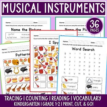 No Prep Fun Musical Instruments Activity Worksheets Flashcard Pre-K to Grade 1-2