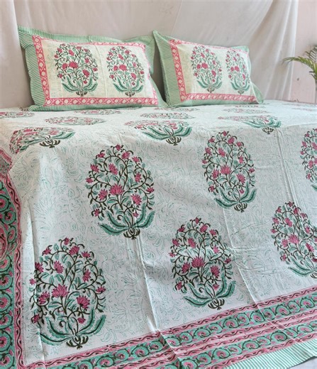 Indian Block Printed Cotton Bedding Set, Jaipuri Floral Bedsheets With Pillowcase, Queen Size Sheets - Etsy