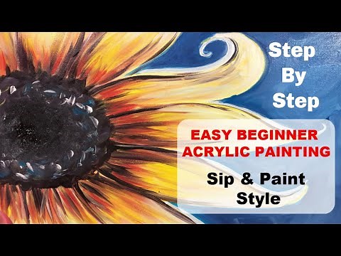Easy beginner acrylic painting. Step by step painting lesson. Sip N Paint style. SUNFLOWER
