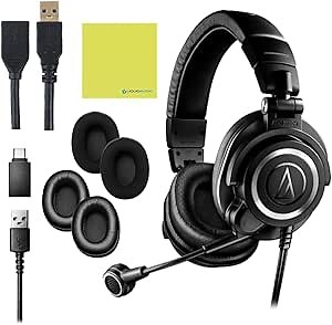 Audio Technica ATH-M50X STS-USB StreamSet Streaming Headset Bundle with 3ft Extension Cable 3.0 and Instrument Polishing Cloth - Podcast Headphones, Streaming Headset with Mic