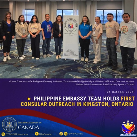 PHILIPPINE EMBASSY TEAM HOLDS FIRST CONSULAR OUTEACH IN KINGSTON, ONTARIO 28 October 2025, Kingston- The Philippine Embassy in Ottawa conducted a consular outreach mission in Kingston for the first time on 25 October 2025 as part of its efforts to extend services to Filipino nationals to other Canadian cities and provinces. A total of 57 services were rendered, which included passport applications, legalization, civil registry and dual citizenship applications. There were also 4 qualified indivi