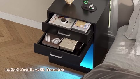 ADORNEVE LED Nightstands Set of 2,Night Stands for Bedrooms Set of 2,Nightstand with Charging Station and LED Lights,White Bedside Table with Power Outlets & Drawers,Modern End Side Table