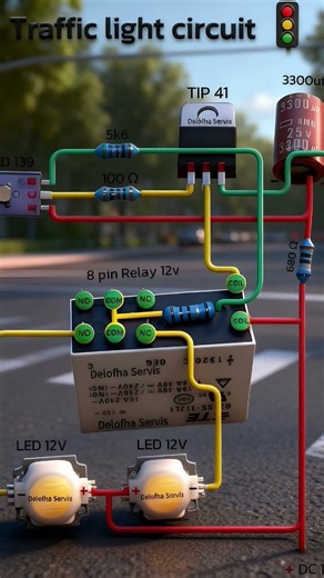 This diagram illustrates a basic 12V traffic light control circuit.