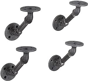 Rustic Industrial Angle Shelf Brackets - 4 Inch Pipe Double Flange Bracket Set of Four, Iron Metal Grey Black Fittings, Custom DIY Floating Shelves, Wall Mounted Vintage Furniture Decorations, 4 Pack