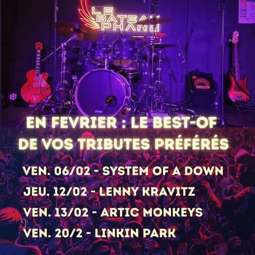 Le Bateau Phare on Instagram: "Le programme de FÉVRIER est là ! ⚓️ Parce qu’on aime vous faire plaisir, on vous a concocté une sélection exclusive de VOS tributes préférés. Préparez vous à vibrer avec le meilleur du rock, choisi par vous, pour vous ! 📅 Le calendrier des favoris : - Ven. 06/02 : Tribute SYSTEM OF A DOWN (by @smack.band & @steeven_corsini_🤘 - Jeu. 12/02 : Tribute LENNY KRAVITZ (by St Negus & Band) 🎸 - Ven. 13/02 : Tribute ARCTIC MONKEYS (by @nodowaves ) 🌊 - Ven. 20/02 : Tribut
