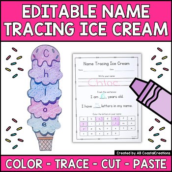 Editable Name Tracing Ice Cream Activity: Handwriting Practice Sheet Template