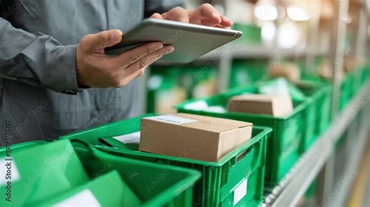Worker sorting mail into bins while referencing a tablet emphasizing the combined workflow of tangible letters and realtime digital tracking data.