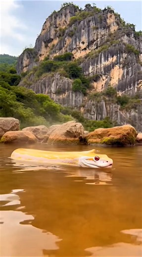 Albino python soaking in warm crystal water beneath the majestic stone mountain — a quiet moment where wild beauty meets pure serenity. Nature always knows how to heal without saying a word. 🐍✨ #AlbinoPython #NatureMoments #WildlifeVibes #MountainView #SnakeLife | Asep Indra Permana