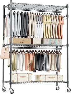 Homdox Heavy Duty Rolling Clothing Rack, Adjustable Garment Rack with 3 Tier Storage Shelves, Freestanding Closet Wardrobe for Hanging Clothes with Side Hooks, Gray