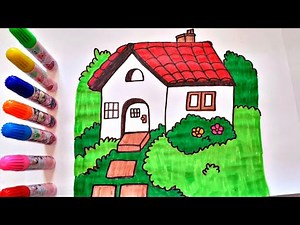تعليم الرسم | رسم بيت وحديقة للاطفال مع التلوين | رسم سهل خطوة بخطوة /Dessin maison