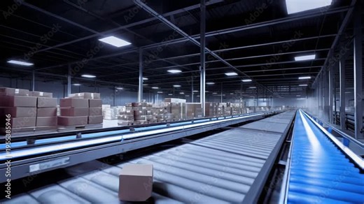 Automated distribution center featuring conveyor belts carrying numerous packages, highlighting efficient logistics and modern supply chain operations within an industrial sorting facility